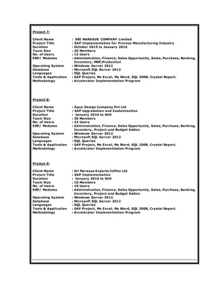 Project 7:
Client Name : SRI NARASUS COMPANY Limited
Project Title : SAP Implementation for Process Manufacturing Industry
Duration : October 2015 to January 2016
Team Size : 20 Members
No. of Users : 12 Users
ERP/ Modules : Administration, Finance, Sales Opportunity, Sales, Purchase, Banking,
Inventory, MRP,Production
Operating System : Windows Server 2012
Database : Microsoft SQL Server 2012
Languages : SQL Queries
Tools & Application : SAP Project, Ms Excel, Ms Word, SQL 2008, Crystal Report.
Methodology : Accelerator Implementation Program
Project 8:
Client Name : Aqua Design Company Pvt Ltd
Project Title : SAP Upgradation and Customization
Duration : January 2016 to Still
Team Size : 30 Members
No. of Users : 32 Users
ERP/ Modules : Administration, Finance, Sales Opportunity, Sales, Purchase, Banking,
Inventory, Project and Budget Addon
Operating System : Windows Server 2012
Database : Microsoft SQL Server 2012
Languages : SQL Queries
Tools & Application : SAP Project, Ms Excel, Ms Word, SQL 2008, Crystal Report.
Methodology : Accelerator Implementation Program
Project 9:
Client Name : Sri Narasus Exports Coffee Ltd
Project Title : SAP Implementation
Duration : January 2016 to Still
Team Size : 10 Members
No. of Users : 10 Users
ERP/ Modules : Administration, Finance, Sales Opportunity, Sales, Purchase, Banking,
Inventory, Project and Budget Addon
Operating System : Windows Server 2012
Database : Microsoft SQL Server 2012
Languages : SQL Queries
Tools & Application : SAP Project, Ms Excel, Ms Word, SQL 2008, Crystal Report.
Methodology : Accelerator Implementation Program
 