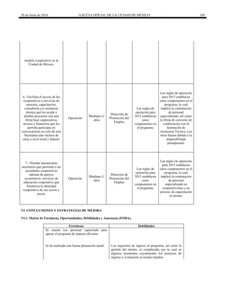 30 de Junio de 2016 GACETA OFICIAL DE LA CIUDAD DE MÉXICO 109
modelo cooperativo en la
Ciudad de México.
6.- Facilitar el acceso de las
cooperativas a servicios de
asesoría, capacitación,
consultoría y/o asistencia
técnica que les ayude a
diseñar proyectos con una
firma base organizativa,
técnica y financiera que les
permita participar en
convocatorias no solo de esta
Secretaría sino incluso de
otras a nivel local y federal.
Operación
Mediano (1
año)
Dirección de
Promoción del
Empleo
Las reglas de
operación para
2015 establecen
estos
componentes en
el programa.
Las reglas de operación
para 2015 establecen
estos componentes en el
programa, lo cual
implicó la contratación
de personal
especializado, así como
la firma de convenio de
colaboración con la
Institución de
Asistencia Técnica. Los
retos fueron debido a la
disponibilidad
presupuestal.
7.- Diseñar mecanismos
necesarios que permitan a las
sociedades cooperativas
además de apoyos
económicos, servicios de
educación cooperativa que
fortalezca la identidad
cooperativa de sus socios y
socias.
Operación
Mediano (1
año)
Dirección de
Promoción del
Empleo
Las reglas de
operación para
2015 establecen
estos
componentes en
el programa.
Las reglas de operación
para 2015 establecen
estos componentes en el
programa, lo cual
implicó la contratación
de personal
especializado en
cooperativismo y un
proceso de capacitación
al mismo.
VI. CONCLUSIONES Y ESTRATEGIAS DE MEJORA
VI.1. Matriz de Fortalezas, Oportunidades, Debilidades y Amenazas (FODA).
Fortalezas Debilidades
Se cuenta con personal capacitado para
operar el programa de manera eficiente.
Se ha realizado una buena planeación anual. Los requisitos de ingreso al programa, así como la
gestión del mismo, es complicada, por lo cual en
algunos momentos coyunturales los procesos de
ingreso y evaluación se tornan ríspidos.
 