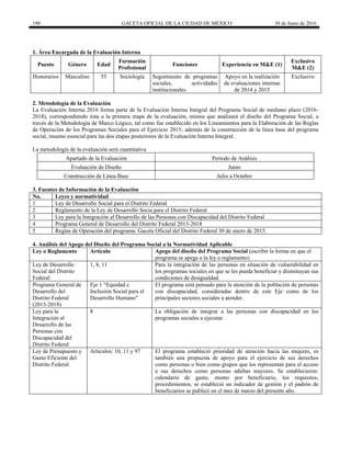 190 GACETA OFICIAL DE LA CIUDAD DE MÉXICO 30 de Junio de 2016
1. Área Encargada de la Evaluación Interna
Puesto Género Edad
Formación
Profesional
Funciones Experiencia en M&E (1)
Exclusivo
M&E (2)
Honorarios Masculino 55 Sociología Seguimiento de programas
sociales, actividades
institucionales.
Apoyo en la realización
de evaluaciones internas
de 2014 y 2015
Exclusivo
2. Metodología de la Evaluación
La Evaluación Interna 2016 forma parte de la Evaluación Interna Integral del Programa Social de mediano plazo (2016-
2018), correspondiendo ésta a la primera etapa de la evaluación, misma que analizará el diseño del Programa Social, a
través de la Metodología de Marco Lógico, tal como fue establecido en los Lineamientos para la Elaboración de las Reglas
de Operación de los Programas Sociales para el Ejercicio 2015; además de la construcción de la línea base del programa
social, insumo esencial para las dos etapas posteriores de la Evaluación Interna Integral.
La metodología de la evaluación será cuantitativa
Apartado de la Evaluación Periodo de Análisis
Evaluación de Diseño Junio
Construcción de Línea Base Julio a Octubre
3. Fuentes de Información de la Evaluación
No. Leyes y normatividad
1 Ley de Desarrollo Social para el Distrito Federal
2 Reglamento de la Ley de Desarrollo Socia para el Distrito Federal
3 Ley para la Integración al Desarrollo de las Personas con Discapacidad del Distrito Federal
4 Programa General de Desarrollo del Distrito Federal 2013-2018
5 Reglas de Operación del programa: Gaceta Oficial del Distrito Federal 30 de enero de 2015.
4. Análisis del Apego del Diseño del Programa Social a la Normatividad Aplicable
Ley o Reglamento Artículo Apego del diseño del Programa Social (escribir la forma en que el
programa se apega a la ley o reglamento)
Ley de Desarrollo
Social del Distrito
Federal
1, 8, 11 Para la integración de las personas en situación de vulnerabilidad en
los programas sociales en que se les pueda beneficiar y disminuyan sus
condiciones de desigualdad.
Programa General de
Desarrollo del
Distrito Federal
(2013-2018)
Eje 1 “Equidad e
Inclusión Social para el
Desarrollo Humano”
El programa está pensado para la atención de la población de personas
con discapacidad, consideradas dentro de este Eje como de los
principales sectores sociales a atender.
Ley para la
Integración al
Desarrollo de las
Personas con
Discapacidad del
Distrito Federal
8 La obligación de integrar a las personas con discapacidad en los
programas sociales a ejecutar.
Ley de Presupuesto y
Gasto Eficiente del
Distrito Federal
Artículos: 10, 11 y 97 El programa estableció prioridad de atención hacia las mujeres, es
también una propuesta de apoyo para el ejercicio de sus derechos
como personas o bien como grupos que los representan para el acceso
a sus derechos como personas adultas mayores. Se establecieron:
calendario de gasto, monto por beneficiario, los requisitos,
procedimientos, se estableció un indicador de gestión y el padrón de
beneficiarios se publicó en el mes de marzo del presente año.
 