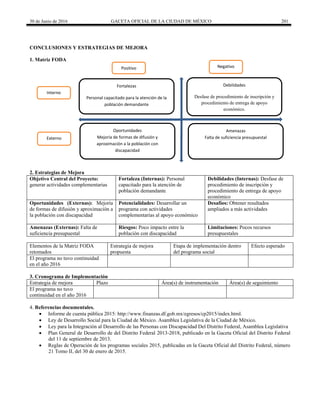 30 de Junio de 2016 GACETA OFICIAL DE LA CIUDAD DE MÉXICO 201
CONCLUSIONES Y ESTRATEGIAS DE MEJORA
1. Matriz FODA
Fortalezas
Personal capacitado para la atención de la
población demandante
Debilidades
Desfase de procedimiento de inscripción y
procedimiento de entrega de apoyo
económico.
Oportunidades
Mejoría de formas de difusión y
aproximación a la población con
discapacidad
Amenazas
Falta de suficiencia presupuestal
Positivo Negativo
Interno
Externo
2. Estrategias de Mejora
Objetivo Central del Proyecto:
generar actividades complementarias
Fortaleza (Internas): Personal
capacitado para la atención de
población demandante
Debilidades (Internas): Desfase de
procedimiento de inscripción y
procedimiento de entrega de apoyo
económico
Oportunidades (Externas): Mejoría
de formas de difusión y aproximación a
la población con discapacidad
Potencialidades: Desarrollar un
programa con actividades
complementarias al apoyo económico
Desafíos: Obtener resultados
ampliados a más actividades
Amenazas (Externas): Falta de
suficiencia presupuestal
Riesgos: Poco impacto entre la
población con discapacidad
Limitaciones: Pocos recursos
presupuestales
Elementos de la Matriz FODA
retomados
Estrategia de mejora
propuesta
Etapa de implementación dentro
del programa social
Efecto esperado
El programa no tuvo continuidad
en el año 2016
3. Cronograma de Implementación
Estrategia de mejora Plazo Área(s) de instrumentación Área(s) de seguimiento
El programa no tuvo
continuidad en el año 2016
4. Referencias documentales.
 Informe de cuenta pública 2015: http://www.finanzas.df.gob.mx/egresos/cp2015/index.html.
 Ley de Desarrollo Social para la Ciudad de México. Asamblea Legislativa de la Ciudad de México.
 Ley para la Integración al Desarrollo de las Personas con Discapacidad Del Distrito Federal, Asamblea Legislativa
 Plan General de Desarrollo de del Distrito Federal 2013-2018, publicado en la Gaceta Oficial del Distrito Federal
del 11 de septiembre de 2013.
 Reglas de Operación de los programas sociales 2015, publicadas en la Gaceta Oficial del Distrito Federal, número
21 Tomo II, del 30 de enero de 2015.
 