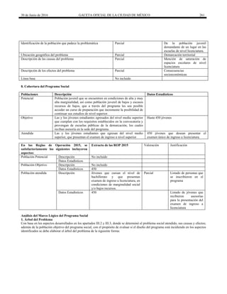 30 de Junio de 2016 GACETA OFICIAL DE LA CIUDAD DE MÉXICO 261
Identificación de la población que padece la problemática Parcial De la población juvenil
demandante de un lugar en las
escuelas de nivel licenciatura.
Ubicación geográfica del problema Parcial Demarcación territorial
Descripción de las causas del problema Parcial Mención de saturación de
espacios escolares de nivel
licenciatura
Descripción de los efectos del problema Parcial Consecuencias
socioeconómicas
Línea base No incluido
8. Cobertura del Programa Social
Poblaciones Descripción Datos Estadísticos
Potencial Población juvenil que se encuentren en condiciones de alta y muy
alta marginalidad, así como población juvenil de bajos y escasos
recursos de bajos, que a través del programa les sea posible
acceder un curso de preparación que incremente la posibilidad de
continuar sus estudios de nivel superior.
Objetivo Las y los jóvenes estudiantes egresados del nivel media superior
que cumplan con los requisitos establecidos en la convocatoria y
provengan de escuelas públicas de la demarcación, los cuales
reciban asesoría en la sede del programa.
Hasta 450 jóvenes
Atendida Las y los jóvenes estudiantes que egresan del nivel medio
superior, que presentan el examen de ingreso a nivel superior
450 jóvenes que desean presentar el
examen único de ingreso a licenciatura.
En las Reglas de Operación 2015, se
satisfactoriamente los siguientes incluyeron
aspectos:
Extracto de las ROP 2015 Valoración Justificación
Población Potencial Descripción No incluido
Datos Estadísticos
Población Objetivo Descripción No incluido
Datos Estadísticos 450
Población atendida Descripción Jóvenes que cursan el nivel de
bachillerato y que presentan
examen de ingreso a licenciatura, en
condiciones de marginalidad social
y/o bajos recursos.
Parcial Listado de personas que
se inscribieron en el
programa
Datos Estadísticos 450 Listado de jóvenes que
recibieron asesorías
para la presentación del
examen de ingreso a
licenciatura
Análisis del Marco Lógico del Programa Social
1. Árbol del Problema
Con base en los aspectos desarrollados en los apartados III.2 y III.3, donde se determinó el problema social atendido, sus causas y efectos;
además de la población objetivo del programa social, con el propósito de evaluar si el diseño del programa está incidiendo en los aspectos
identificados se debe elaborar el árbol del problema de la siguiente forma:
 