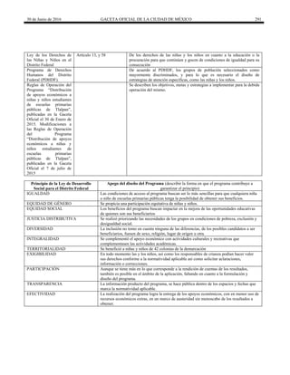 30 de Junio de 2016 GACETA OFICIAL DE LA CIUDAD DE MÉXICO 291
Ley de los Derechos de
las Niñas y Niños en el
Distrito Federal
Artículo 13, y 58 De los derechos de las niñas y los niños en cuanto a la educación o la
procuración para que continúen y gocen de condiciones de igualdad para su
consecución
Programa de Derechos
Humanos del Distrito
Federal (PDHDF).
De acuerdo al PDHDF, los grupos de población seleccionados como
mayormente discriminados, y para lo que es necesario el diseño de
estrategias de atención específicas, como las niñas y los niños.
Reglas de Operación del
Programa “Distribución
de apoyos económicos a
niñas y niños estudiantes
de escuelas primarias
públicas de Tlalpan”,
publicadas en la Gaceta
Oficial el 30 de Enero de
2015. Modificaciones a
las Reglas de Operación
del Programa
“Distribución de apoyos
económicos a niñas y
niños estudiantes de
escuelas primarias
públicas de Tlalpan”,
publicadas en la Gaceta
Oficial el 7 de julio de
2015
Se describen los objetivos, metas y estrategias a implementar para la debida
operación del mismo.
Principio de la Ley de Desarrollo
Social para el Distrito Federal
Apego del diseño del Programa (describir la forma en que el programa contribuye a
garantizar el principio)
IGUALDAD Las condiciones de acceso al programa buscan ser lo más sencillas para que cualquiera niña
o niño de escuelas primarias públicas tenga la posibilidad de obtener sus beneficios.
EQUIDAD DE GÉNERO Se propicia una participación equitativa de niñas y niños.
EQUIDAD SOCIAL Los beneficios del programa buscan impactar en la mejora de las oportunidades educativas
de quienes son sus beneficiarios
JUSTICIA DISTRIBUTIVA Se realizó priorizando las necesidades de los grupos en condiciones de pobreza, exclusión y
desigualdad social.
DIVERSIDAD La inclusión no tomo en cuenta ninguna de las diferencias, de los posibles candidatos a ser
beneficiarios, fuesen de sexo, religión, lugar de origen u otra.
INTEGRALIDAD Se complementó el apoyo económico con actividades culturales y recreativas que
complementasen las actividades académicas.
TERRITORIALIDAD Se benefició a niñas y niños de 42 colonias de la demarcación
EXIGIBILIDAD En todo momento las y los niños, así como los responsables de crianza podían hacer valer
sus derechos conforme a la normatividad aplicable así como solicitar aclaraciones,
información o correcciones.
PARTICIPACIÓN Aunque se tiene más en lo que corresponde a la rendición de cuentas de los resultados,
también es posible en el ámbito de la aplicación, faltando en cuanto a la formulación y
diseño del programa.
TRANSPARENCIA La información producto del programa, se hace pública dentro de los espacios y fechas que
marca la normatividad aplicable.
EFECTIVIDAD La realización del programa logra la entrega de los apoyos económicos, con en menor uso de
recursos económicos extras, en un marco de austeridad sin menoscabo de los resultados a
obtener.
 