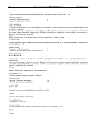 84 GACETA OFICIAL DE LA CIUDAD DE MÉXICO 30 de Junio de 2016
(Número de Cooperativas con percepción buena/Número de Cooperativas que concluyeron el curso) x 100
Educación cooperativa
Cooperativas con buena percepción 74
Cooperativas que concluyeron el curso 92
74/ 92 = 0.82608696
X 100 = 82.6086957
De acuerdo a los resultados un 82.60% de las cooperativas que recibieron la asesoría técnica tienen una percepción positiva sobre el curso
de educación cooperativa.
Nota: las cooperativas que concluyeron el curso son 124, pero solo 94 cooperativas contestaron la encuesta de evaluación por esta razón
esta variable se ajustó al número de cooperativas que contestaron la encuesta y que cumplen con el criterio de tener el curso concluido, ya
que de otra manera impactaría el resultado.
Objetivo
Apoyos económicos para los servicios de asesoría, consultoría, capacitación y asistencia técnica
Fórmula de cálculo
(Número de Cooperativas con percepción buena/Número de Cooperativas beneficiarias de los servicios brindados por “La Institución de
Asistencia Técnica) x 100
Asesoría Técnica
Cooperativas con buena percepción 74
Cooperativas que concluyeron el curso de asistencia técnica 92
74/ 92 = 0.80434783
X 100 = 80.4347826
De acuerdo a los resultados un 80.43% de las cooperativas que recibieron la asesoría técnica tienen una percepción positiva sobre la
asesoría técnica.
Nota: las cooperativas que concluyeron el curso son 124, pero solo 94 cooperativas contestaron la encuesta de evaluación por esta razón
esta variable se ajustó al número de cooperativas que contestaron la encuesta y que cumplen con el criterio de tener el curso concluido, ya
que de otra manera impactaría el resultado.
Objetivo
Apoyos económicos para la adquisición de equipo y/o maquinaria
Nombre del indicador
Porcentaje de apoyos económicos otorgados y planeados
Fórmula de cálculo
Número de Cooperativas beneficiarias 134
Número de apoyos económicos planeados 100
134/100 = 1.34
X 100 = 134
De acuerdo a los anteriores resultados la meta se cumplió en un 134%.
Objetivo
Evaluación del desempeño de instructores
Nombre del indicador
Desempeño de los instructores
Fórmula de cálculo
(Número de instructores evaluados con buen desempeño/Número total de instructores) x 100
Cálculo
Objetivo
 