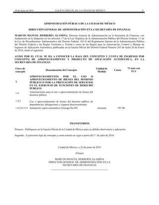 30 de Junio de 2016 GACETA OFICIAL DE LA CIUDAD DE MÉXICO 9
ADMINISTRACIÓN PÚBLICA DE LA CIUDAD DE MÉXICO
DIRECCIÓN GENERAL DE ADMINISTRACIÓN EN LA SECRETARÍA DE FINANZAS
MARCOS MANUEL HERRERÍA ALAMINA, Director General de Administración en la Secretaría de Finanzas, con
fundamento en lo dispuesto en los artículos 17 de la Ley Orgánica de la Administración Pública del Distrito Federal; 11 de
la Ley de Procedimiento Administrativo del Distrito Federal, 101-G del Reglamento Interior de la Administración Pública
del Distrito Federal y las Reglas Veintiséis y Treinta y cinco de las Reglas para la Autorización, Control y Manejo de
Ingresos de Aplicación Automática, publicadas en la Gaceta Oficial del Distrito Federal Número 263 de fecha 20 de Enero
de 2016, emito el siguiente:
AVISO POR EL CUAL SE DA A CONOCER LA BAJA DEL CONCEPTO Y CUOTA DE INGRESOS POR
CONCEPTO DE APROVECHAMIENTO Y PRODUCTO DE APLICACIÓN AUTOMÁTICA, EN LA
SECRETARÍA DE FINANZAS.
Clave de
concepto
Denominación del Concepto
Unidad de
Medida
Cuota
*Cuota con
IVA
1.
APROVECHAMIENTOS POR EL USO O
APROVECHAMIENTO DE BIENES DEL DOMINIO
PÚBLICO O POR LA PRESTACIÓN DE SERVICIOS
EN EL EJERCICIO DE FUNCIONES DE DERECHO
PÚBLICO
1.4 Autorizaciones para el uso o aprovechamiento de bienes del
dominio público
1.4.2 Uso o aprovechamiento de bienes del dominio público de
dependencias, delegaciones y órganos desconcentrados
1.4.2.8.3.13 Instalación cajero automático (Izazaga No.89) mensual 707.00
TRANSITORIOS
Primero.- Publíquese en la Gaceta Oficial de la Ciudad de México para su debida observancia y aplicación.
Segundo.- La presente baja de concepto y cuota entrara en vigor a partir del 1° de julio de 2016.
Ciudad de México, a 23 de junio de 2016
(Firma)
MARCOS MANUEL HERRERÍA ALAMINA
DIRECTOR GENERAL DE ADMINISTRACIÓN EN LA
SECRETARÍA DE FINANZAS
 