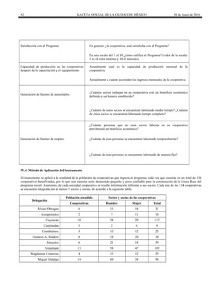 92 GACETA OFICIAL DE LA CIUDAD DE MÉXICO 30 de Junio de 2016
Satisfacción con el Programa En general, ¿la cooperativa, está satisfecha con el Programa?
En una escala del 1 al 10 ¿cómo califica al Programa? (valor de la escala:
1 es el valor mínimo y 10 el máximo)
Capacidad de producción en las cooperativas
después de la capacitación y el equipamiento
Actualmente cual es la capacidad de producción mensual de la
cooperativa.
Actualmente a cuánto ascienden los ingresos mensuales de la cooperativa.
Generación de fuentes de autoempleo
¿Cuántos socios trabajan en su cooperativa con un beneficio económico
definido y un horario establecido?
¿Cuántos de estos socios se encuentran laborando medio tiempo? ¿Cuántos
de estos socios se encuentran laborando tiempo completo?
¿Cuántas personas que no sean socios laboran en su cooperativa
percibiendo un beneficio económico?
Generación de fuentes de empleo ¿Cuántas de esas personas se encuentran laborando temporalmente?
¿Cuántas de esas personas se encuentran laborando de manera fija?
IV.4. Método de Aplicación del Instrumento
El instrumento se aplicó a la totalidad de la población de cooperativas que ingresa al programa, toda vez que consiste en un total de 134
cooperativas beneficiadas, por lo que una muestra sería demasiado pequeña y poco confiable para la construcción de la Línea Base del
programa social. Asimismo, de cada sociedad cooperativa se recabó información referente a sus socios. Cada una de las 134 cooperativas
se encuentra integrada por al menos 5 socios y socias, de acuerdo a la siguiente tabla:
Delegación
Población atendida Socios y socias de las cooperativas
Cooperativas Hombre Mujer Total
Álvaro Obregón 6 13 18 31
Azcapotzalco 2 7 11 18
Coyoacán 18 58 59 117
Cuajimalpa 1 2 6 8
Cuauhtémoc 3 13 12 25
Gustavo A. Madero 6 18 20 38
Iztacalco 6 21 18 39
Iztapalapa 13 58 47 105
Magdalena Contreras 4 13 12 25
Miguel Hidalgo 14 60 38 98
 