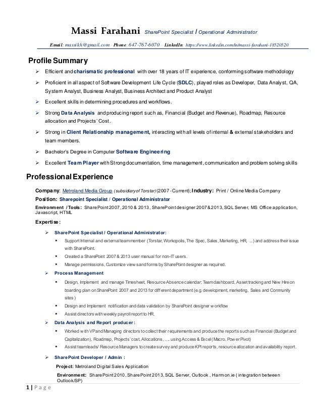 sharepoint administrator resumes