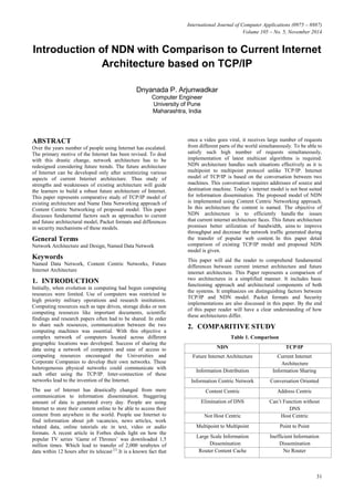 International Journal of Computer Applications (0975 – 8887)
Volume 105 – No. 5, November 2014
31
Introduction of NDN with Comparison to Current Internet
Architecture based on TCP/IP
Dnyanada P. Arjunwadkar
Computer Engineer
University of Pune
Maharashtra, India
ABSTRACT
Over the years number of people using Internet has escalated.
The primary motive of the Internet has been revised. To deal
with this drastic change, network architecture has to be
redesigned considering future trends. The future architecture
of Internet can be developed only after scrutinizing various
aspects of current Internet architecture. Thus study of
strengths and weaknesses of existing architecture will guide
the learners to build a robust future architecture of Internet.
This paper represents comparative study of TCP/IP model of
existing architecture and Name Data Networking approach of
Content Centric Networking of proposed model. This paper
discusses fundamental factors such as approaches to current
and future architectural model, Packet formats and differences
in security mechanisms of these models.
General Terms
Network Architecture and Design, Named Data Network
Keywords
Named Data Network, Content Centric Networks, Future
Internet Architecture
1. INTRODUCTION
Initially, when evolution in computing had begun computing
resources were limited. Use of computers was restricted to
high priority military operations and research institutions.
Computing resources such as tape drives, storage disks or non
computing resources like important documents, scientific
findings and research papers often had to be shared. In order
to share such resources, communication between the two
computing machines was essential. With this objective a
complex network of computers located across different
geographic locations was developed. Success of sharing the
data using a network of computers and ease of access to
computing resources encouraged the Universities and
Corporate Companies to develop their own networks. These
heterogeneous physical networks could communicate with
each other using the TCP/IP. Inter-connection of these
networks lead to the invention of the Internet.
The use of Internet has drastically changed from mere
communication to information dissemination. Staggering
amount of data is generated every day. People are using
Internet to store their content online to be able to access their
content from anywhere in the world. People use Internet to
find information about job vacancies, news articles, work
related data, online tutorials etc in text, video or audio
formats. A recent article in Forbes sheds light on how the
popular TV series „Game of Thrones‟ was downloaded 1.5
million times. Which lead to transfer of 2,000 terabytes of
data within 12 hours after its telecast [1]
.It is a known fact that
once a video goes viral, it receives large number of requests
from different parts of the world simultaneously. To be able to
satisfy such high number of requests simultaneously,
implementation of latest multicast algorithms is required.
NDN architecture handles such situations effectively as it is
multipoint to multipoint protocol unlike TCP/IP. Internet
model of TCP/IP is based on the conversation between two
machines. This conversation requires addresses of source and
destination machine. Today‟s internet model is not best suited
for information dissemination. The proposed model of NDN
is implemented using Content Centric Networking approach.
In this architecture the content is named. The objective of
NDN architecture is to efficiently handle the issues
that current internet architecture faces. This future architecture
promises better utilization of bandwidth, aims to improve
throughput and decrease the network traffic generated during
the transfer of popular web content. In this paper detail
comparison of existing TCP/IP model and proposed NDN
model is given.
This paper will aid the reader to comprehend fundamental
differences between current internet architecture and future
internet architecture. This Paper represents a comparison of
two architectures in a simplified manner. It includes basic
functioning approach and architectural components of both
the systems. It emphasizes on distinguishing factors between
TCP/IP and NDN model. Packet formats and Security
implementations are also discussed in this paper. By the end
of this paper reader will have a clear understanding of how
these architectures differ.
2. COMPARITIVE STUDY
Table 1. Comparison
NDN TCP/IP
Future Internet Architecture Current Internet
Architecture
Information Distribution Information Sharing
Information Centric Network Conversation Oriented
Content Centric Address Centric
Elimination of DNS Can‟t Function without
DNS
Not Host Centric Host Centric
Multipoint to Multipoint Point to Point
Large Scale Information
Dissemination
Inefficient Information
Dissemination
Router Content Cache No Router
 