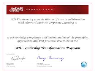 AT&T University presents this certificate in collaboration
with Harvard Business Corporate Learning to
to acknowledge completion and understanding of the principles,
approaches, and best practices presented in the
ATO Leadership Transformation Program
AUTHORIZED BY:
Ken Fenoglio Ray Carvey
Vice President Executive Vice President,
AT&T University Harvard Business Publishing
Daiany Graisfimberg
 