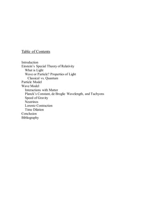 Table of Contents
Introduction
Einstein’s Special Theory of Relativity
What is Light
Wave or Particle? Properties of Light
Classical vs. Quantum
Particle Model
Wave Model
Interactions with Matter
Planck’s Constant, de Broglie Wavelength, and Tachyons
Speed of Gravity
Neutrinos
Lorentz Contraction
Time Dilation
Conclusion
Bibliography
 
