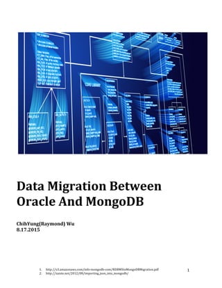 1. http://s3.amazonaws.com/info-­‐mongodb-­‐com/RDBMStoMongoDBMigration.pdf	
  
2. http://zaiste.net/2012/08/importing_json_into_mongodb/	
  
1	
  
	
  
	
  
	
  
	
  
	
  
	
  
Data	
  Migration	
  Between	
  
Oracle	
  And	
  MongoDB	
  
	
  
	
  
ChihYung(Raymond)	
  Wu	
  
8.17.2015	
  
	
  
	
  
	
  
	
  
 
