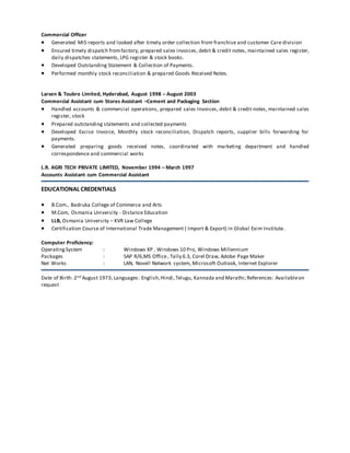 Commercial Officer
 Generated MIS reports and looked after timely order collection from franchise and customer Care division
 Ensured timely dispatch fromfactory, prepared sales invoices, debit & credit notes, maintained sales register,
daily dispatches statements, LPG register & stock books.
 Developed Outstanding Statement & Collection of Payments.
 Performed monthly stock reconciliation & prepared Goods Received Notes.
Larsen & Toubro Limited, Hyderabad, August 1998 – August 2003
Commercial Assistant cum Stores Assistant –Cement and Packaging Section
 Handled accounts & commercial operations, prepared sales Invoices, debit & credit notes, maintained sales
register, stock
 Prepared outstanding statements and collected payments
 Developed Excise Invoice, Monthly stock reconciliation, Dispatch reports, supplier bills forwarding for
payments.
 Generated preparing goods received notes, coordinated with marketing department and handled
correspondence and commercial works
L.R. AGRI TECH PRIVATE LIMITED, November 1994 – March 1997
Accounts Assistant cum Commercial Assistant
EDUCATIONAL CREDENTIALS
 B.Com., Badruka College of Commerce and Arts
 M.Com, Osmania University - Distance Education
 LLB, Osmania University – KVR Law College
 Certification Course of International Trade Management ( Import & Export) in Global Exim Institute.
Computer Proficiency:
OperatingSystem : Windows XP , Windows 10 Pro, Windows Millennium
Packages : SAP R/6,MS Office, Tally 6.3, Corel Draw, Adobe Page Maker
Net Works : LAN, Novell Network system, Microsoft Outlook, Internet Explorer
Date of Birth: 2nd August 1973; Languages: English,Hindi,Telugu, Kannada and Marathi; References: Availableon
request
 