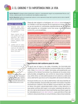 Prohibida
su
reproducción
203
3. El carbono y su importancia para la vida
D.C.D. CN.4.3.17. Indagar sobre el elemento carbono, caracterizarlo según sus propiedades físicas y quí-
micas, y relacionarlo con la constitución de objetos y seres vivos.
D.C.D. CN.4.3.18. Explicar el papel del carbono como elemento base de la química de la vida e identifi-
carlo en las biomoléculas.
Después del oxígeno e hidrógeno, el carbono es el elemento
no metálico más abundante de los organismos vivos y, aunque
no se encuentre en cantidades representativas en el planeta,
está presente en minerales como las rocas, en la atmósfera
como CO2
y en el petróleo.
Importancia del carbono para la vida
Al igual que el agua y las sales minerales, las biomoléculas
orgánicas son los componentes fundamentales de la materia
viva. Estas biomoléculas están formadas principalmente por
carbono (C) y tienen funciones muy diversas en los seres vivos:
estructurales, energéticas, de control en reacciones metabóli-
cas, entre otras. La vida está basada en el carbono y este es el
único elemento que sirve como esqueleto de las biomoléculas.
Aunque el silicio es uno de los elementos más abundantes en
la corteza terrestre, las biomoléculas están formadas mayorita-
riamente por carbono. Esto se debe a que el átomo de carbo-
no tiene una gran capacidad para unirse a otros átomos y a
que estas uniones dan lugar a una gran variedad de estructu-
ras. Uno de los fenómenos más importantes que tiene lugar en
la naturaleza es el ciclo del carbono, que permite el flujo del
carbono de productores a consumidores y descomponedores.
1. Observa estos ejem-
plos y subraya aquellos
que contengan mate-
ria orgánica.
Agua, azúcar, sal co-
mún, grafito, pan, helio,
albúmina del huevo,
ADN, triptófano, hierro,
celular, plátano, ham-
burguesa.
2. ¿Existiría vida sin carbo-
no?¿Podríaserreempla-
zado por otro elemento
como, por ejemplo, el
silicio? ¿Por qué?
__________________
__________________
__________________
__________________
__________________
_________________
Analizo y resuelvo
E
N
G
R
UPO
Y
T
A
M
B
IÉN
T
I
C
S
R
E
C
O
R
T
A
BLES
C
A
L
C
U
L
A
DORA
Revisa un video acerca del
carbono en la naturaleza.
Puedes utilizar este enlace:
https://goo.gl/Q3PKia. Descri-
be por qué este elemento es
indispensable para la vida.
______________________
______________________
______________________
______________________
TIC
E
N
G
R
UPO
Y
T
A
M
B
IÉN
T
I
C
S
R
E
C
O
R
T
A
BLES
Propiedades físicas
El carbono es sólido a temperatura ambiente. Dependiendo de las con-
diciones de formación, puede encontrarse en la naturaleza en distintas
formas: carbono amorfo y cristalino en forma de grafito o diamante.
Los compuestos del carbono, pese a su gran diversidad, son poco solubles
en agua, pero solubles en disolventes orgánicos; no conducen la corriente
eléctrica; poseen poca estabilidad térmica; reaccionan lentamente debi-
do a la gran estabilidad de sus cuatro enlaces.
Propiedades químicas
La principal característica que
hace que el carbono sea tan rele-
vante es su configuración electró-
nica que permite que forme cuatro
enlaces covalentes simples muy es-
tables, e igualmente podría crear
enlaces dobles e incluso triples.
electrón
6 protones +
6 neutrones
+
+
+
+
-
-
-
-
-
- -
protón
neutrón
edb©
Láminas
de
trabajo
P
r
o
h
i
b
i
d
a
s
u
c
o
m
e
r
c
i
a
l
i
z
a
c
i
ó
n
 