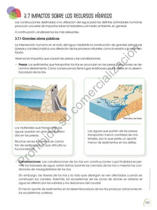 Prohibida
su
reproducción
101
Las construcciones destinadas a la utilización del agua para las distintas actividades humanas
provocan una serie de impactos sobre la hidrosfera y el medio ambiente, en general.
A continuación, analizaremos los más relevantes.
3.7.1 Grandes obras públicas
La intervención humana en el ciclo del agua mediante la construcción de grandes estructuras
(presas y canales) implica una alteración de los procesos naturales, como la erosión y la sedimen-
tación.
Veamos los impactos que causan las presas y las canalizaciones.
• Presas: Los sedimentos que transportan los ríos se acumulan en las presas. Este proceso se de-
nomina aterramiento. Como consecuencia tiene lugar el retroceso de los deltas en la desem-
bocadura de los ríos.
• Canalizaciones: Las canalizaciones de los ríos son construcciones cuya finalidad es per-
mitir los trasvases de agua, evitar daños durante las crecidas de los ríos o mejorar las con-
diciones de navegabilidad de los ríos.
Sin embargo, las riberas de los ríos y la vida que albergan se ven afectadas cuando se
construyen los canales. Además, los ecosistemas de las zonas de donde se obtiene el
agua se alteran por las subidas y los descensos del caudal.
El menor aporte de sedimentos en la desembocadura de los ríos produce variaciones en
los ecosistemas costeros.
Los materiales que transportan las
aguas quedan en gran parte reteni-
dos en las presas.
Muchas veces, las presas se colma-
tan de sedimentos, lo que dificulta su
funcionalidad.
Las aguas que parten de las presas
transportan menor cantidad de ma-
teriales, por lo que existe un aporte
menor de sedimentos en los deltas.
3.7 Impactos sobre los recursos hídricos
P
r
o
h
i
b
i
d
a
s
u
c
o
m
e
r
c
i
a
l
i
z
a
c
i
ó
n
 