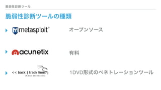 ▸
▸
▸
脆弱性診断ツール
脆弱性診断ツールの種類
オープンソース
有料
1DVD形式のペネトレーションツール
 