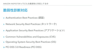 AMAZON INSPECTORってどんな脆弱性に対応してるの
脆弱性診断対応
▸ Authentication Best Practices (認証)
▸ Network Security Best Practices (ネットワーク)
▸ Application Security Best Practices (アプリケーション)
▸ Common Vulnerabilities and Exposures (CVE)
▸ Operating System Security Best Practices (OS)
▸ PCI DSS 3.0 Readiness (PCI DSS)
 