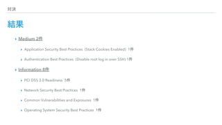 対決
結果
▸ Medium 2件
▸ Application Security Best Practices (Stack Cookies Enabled) 1件
▸ Authentication Best Practices (Disable root log in over SSH) 1件
▸ Information 8件
▸ PCI DSS 3.0 Readiness 5件
▸ Network Security Best Practices 1件
▸ Common Vulnerabilities and Exposures 1件
▸ Operating System Security Best Practices 1件
 