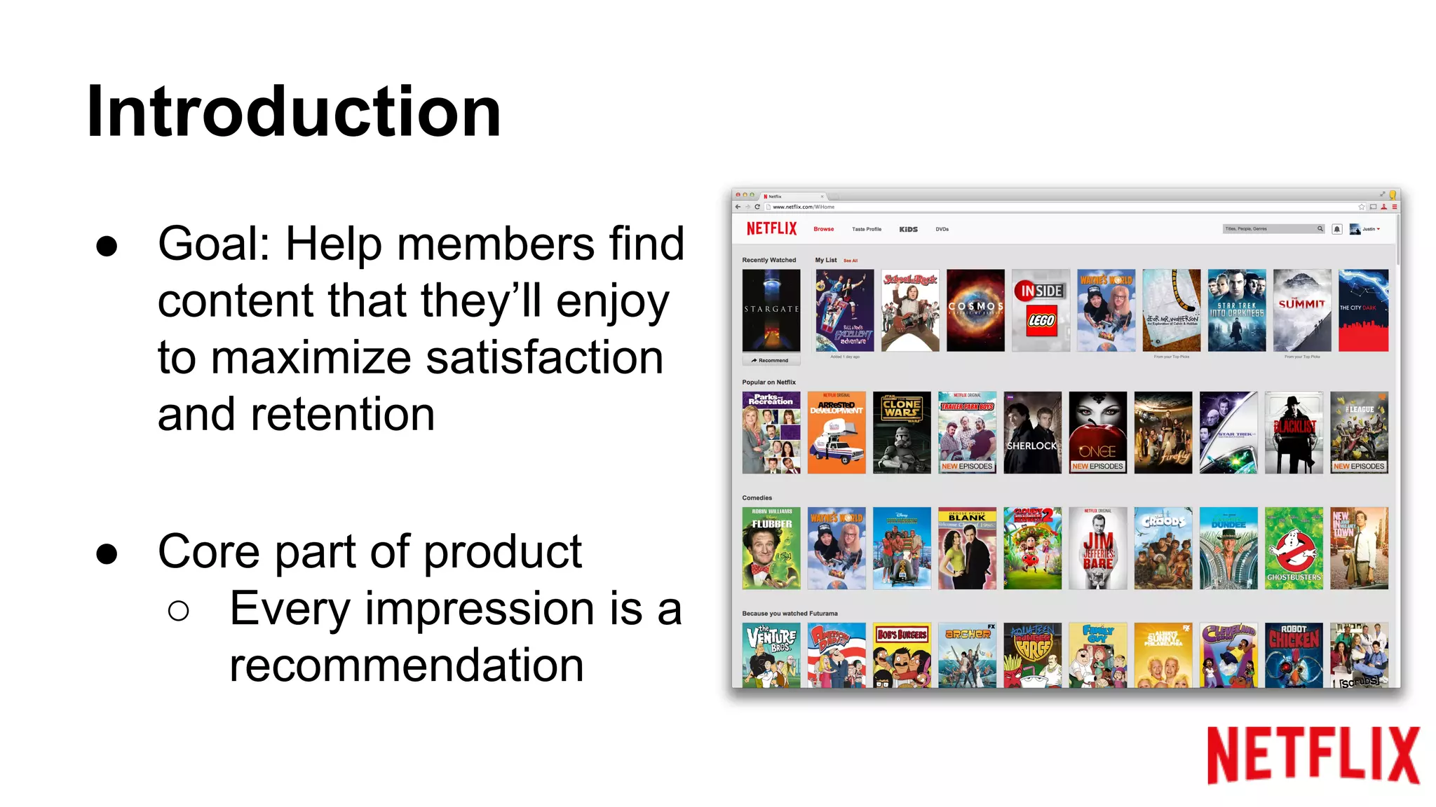 Introduction
● Goal: Help members find
content that they’ll enjoy
to maximize satisfaction
and retention
● Core part of product
○ Every impression is a
recommendation
 