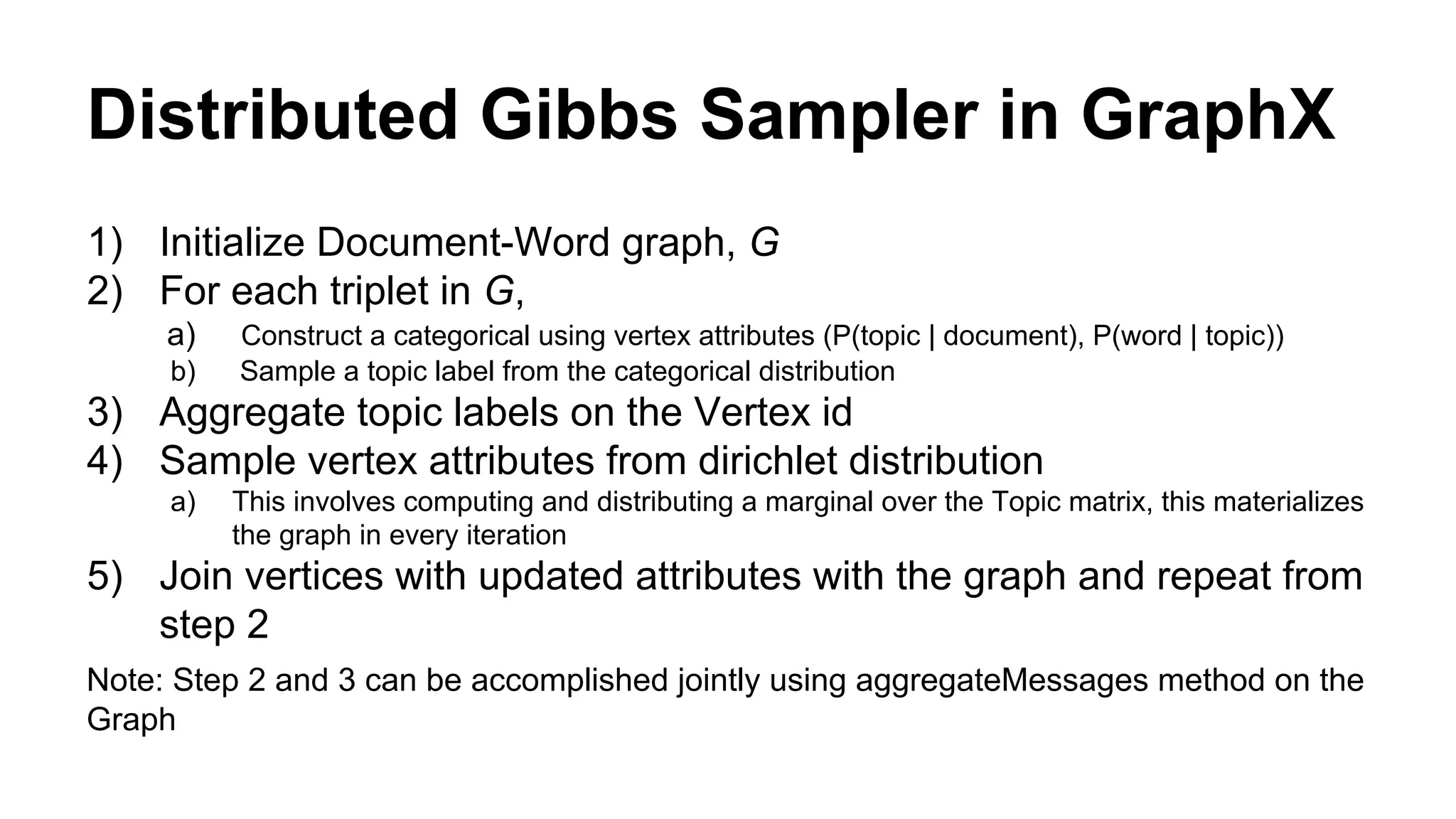 Distributed Gibbs Sampler in GraphX
1) Initialize Document-Word graph, G
2) For each triplet in G,
a) Construct a categorical using vertex attributes (P(topic | document), P(word | topic))
b) Sample a topic label from the categorical distribution
3) Aggregate topic labels on the Vertex id
4) Sample vertex attributes from dirichlet distribution
a) This involves computing and distributing a marginal over the Topic matrix, this materializes
the graph in every iteration
5) Join vertices with updated attributes with the graph and repeat from
step 2
Note: Step 2 and 3 can be accomplished jointly using aggregateMessages method on the
Graph
 