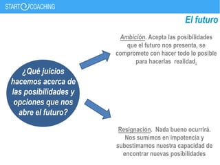El futuro
¿Qué juicios
hacemos acerca de
las posibilidades y
opciones que nos
abre el futuro?
Ambición. Acepta las posibilidades
que el futuro nos presenta, se
compromete con hacer todo lo posible
para hacerlas realidad.
Resignación. Nada bueno ocurrirá.
Nos sumimos en impotencia y
subestimamos nuestra capacidad de
encontrar nuevas posibilidades
 