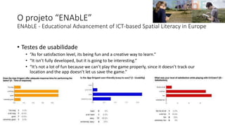O projeto “ENAbLE”
ENAbLE - Educational Advancement of ICT-based Spatial Literacy in Europe
• Testes de usabilidade
• “As for satisfaction level, its being fun and a creative way to learn.”
• “It isn’t fully developed, but it is going to be interesting.”
• “It’s not a lot of fun because we can’t play the game properly, since it doesn’t track our
location and the app doesn’t let us save the game.”
 
