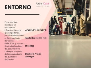 .41°19'13.6"N 2°05'16.7"E
Habitantes:  62.866 hab.
CP: 08820
Distrito: El Prat de
Llobregat 
ENTORNO
En su término
municipal se
encuentran
infraestructuras de
gran importancia
para Barcelona como
el Aeropuerto de
Barcelona
(IATA:BCN), y una vez
finalizadas las obras
del desvío del río
Llobregat una parte
de la zona portuaria
del puerto de
Barcelona.
 