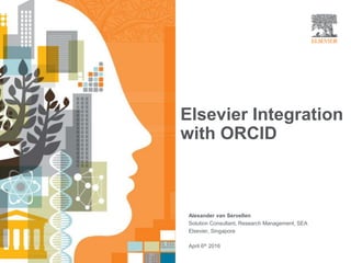 Elsevier Integration with ORCID |
Alexander van Servellen
Solution Consultant, Research Management, SEA
Elsevier, Singapore
April 6th 2016
Elsevier Integration
with ORCID
 