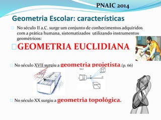 Geometria Escolar: características
No século II a.C. surge um conjunto de conhecimentos adquiridos
com a prática humana, sistematizados utilizando instrumentos
geométricos:
GEOMETRIA EUCLIDIANA
No século XVII surgiu a geometria projetista.(p. 66)
No século XX surgiu a geometria topológica.
PNAIC 2014
 