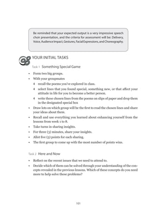 101
Be reminded that your expected output is a very impressive speech
choir presentation, and the criteria for assessment will be: Delivery,
Voice,AudienceImpact,Gestures,FacialExpressions,andChoreography.
YOUR INITIAL TASKS
Task 1 Something Special Game
•	 Form two big groups.
•	 With your groupmates
4 	 recall the poems you’ve explored in class.
4 	 select lines that you found special, something new, or that affect your
attitude in life for you to become a better person.
4 	 write these chosen lines from the poems on slips of paper and drop them
in the designated special box
•	 Draw lots on which group will be the first to read the chosen lines and share
your ideas about them.
•	 Recall and use everything you learned about enhancing yourself from the
lessons from week 1 to 8.
•	 Take turns in sharing insights.
•	 For three (3) minutes, share your insights.
•	 Allot five (5) points for each sharing.
•	 The first group to come up with the most number of points wins.
Task 2  Here and Now
•	 Reflect on the recent issues that we need to attend to.
•	 Decide which of them can be solved through your understanding of the con-
cepts revealed in the previous lessons. Which of these concepts do you need
more to help solve these problems?
 