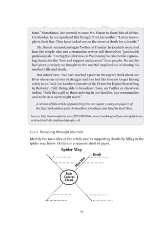 45
time.” Sometimes, she seemed to want Mr. Simon to share bits of advice.
On Sunday, he encapsulated this thought from his mother: “Listen to peo-
ple in their 80s. They have looked across the street at death for a decade.”
Mr. Simon resumed posting to Twitter on Tuesday; he jocularly recounted
how the couple who run a cremation service call themselves “posthealth
professionals.” During the interview on Wednesday he cried while express-
ing thanks for the “love and support and prayers” from people. He said he
had given precisely no thought to the societal implications of sharing his
mother’s life and death.
But others have. “We have reached a point in the way we think about our
lives where our stories of struggle and loss feel like they no longer belong
solely to us,” said Joe Lambert, founder of the Center for Digital Storytelling
in Berkeley, Calif. Being able to broadcast them, on Twitter or elsewhere
online, “feels like a gift to those grieving in our families, our communities
and as far as a tweet might reach.”
A version of this article appeared in print on August 1, 2013, on page C1 of
the New York edition with the headline: Goodbyes And Grief In Real Time.
Source: http://www.nytimes.com/2013/08/01/business/media/goodbyes-and-grief-in-re-
al-time.html?ref=deathanddying_r=0
Task 8  Browsing through Journals
Identify the main idea of the article and its supporting details by filling in the
spider map below. Do this on a separate sheet of paper.
 