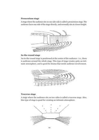 44
Proscenium stage
Astagewheretheaudiencesitsononesideonlyiscalleda proscenium stage.The
audience faces one side of the stage directly, and normally sits at a lower height.
In-the-round stage
An in-the-round stage is positioned at the center of the audience - i.e., there
is audience around the whole stage. This type of stage creates quite an inti-
mate atmosphere, and is good for drama that needs audience involvement.
Traverse stage
A stage where the audience sits on two sides is called a traverse stage. Also,
this type of stage is good for creating an intimate atmosphere.
 