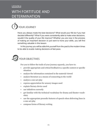73
Lesson 4
WITH FORTITUDE AND
DETERMINATION
YOUR JOURNEY
Have you always made the best decisions? What would your life be if you had
decided differently? What if you were consistently able to make wise decisions,
wouldn’t the quality of your life improve? Whether you are now in the process
of making an important decision or just want to hone your skills, you will find
something valuable in this lesson.
In this journey you will be able link yourself from the past to the modern times
to be able to evade making decisions at fast pace.
YOUR OBJECTIVES
For you to follow the trails of your journey squarely, you have to:
•	 provide appropriate and critical feedback to a specific context or specific
situation
•	 analyze the information contained in the material viewed
•	 analyze literature as a means of connecting to the world
•	 analyze a one-act play
•	 express appreciation for sensory images used
•	 explain literary device used
•	 use infinitives correctly
•	 get familiar with the technical vocabulary for drama and theater vocab-
ulary
•	 use the appropriate prosodic features of speech when delivering lines in
a one-act play
•	 compose forms of literary writing
 