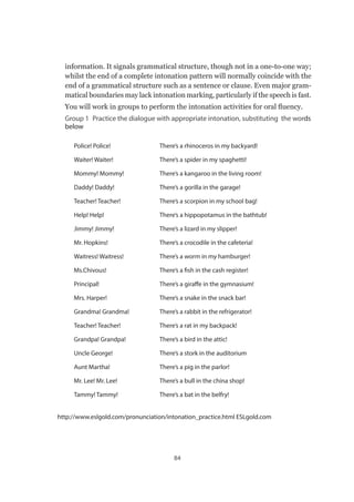 84
information. It signals grammatical structure, though not in a one-to-one way;
whilst the end of a complete intonation pattern will normally coincide with the
end of a grammatical structure such as a sentence or clause. Even major gram-
matical boundaries may lack intonation marking, particularly if the speech is fast.
You will work in groups to perform the intonation activities for oral fluency.
Group 1  Practice the dialogue with appropriate intonation, substituting the words
below
Police! Police!
Waiter! Waiter!
Mommy! Mommy!
Daddy! Daddy!
Teacher! Teacher!
Help! Help!
Jimmy! Jimmy!
Mr. Hopkins!
Waitress! Waitress!
Ms.Chivous!
Principal!
Mrs. Harper!
Grandma! Grandma!
Teacher! Teacher!
Grandpa! Grandpa!
Uncle George!
Aunt Martha!
Mr. Lee! Mr. Lee!
Tammy! Tammy!
There’s a rhinoceros in my backyard!
There’s a spider in my spaghetti!
There’s a kangaroo in the living room!
There’s a gorilla in the garage!
There’s a scorpion in my school bag!
There’s a hippopotamus in the bathtub!
There’s a lizard in my slipper!
There’s a crocodile in the cafeteria!
There’s a worm in my hamburger!
There’s a fish in the cash register!
There’s a giraffe in the gymnasium!
There’s a snake in the snack bar!
There’s a rabbit in the refrigerator!
There’s a rat in my backpack!
There’s a bird in the attic!
There’s a stork in the auditorium
There’s a pig in the parlor!
There’s a bull in the china shop!
There’s a bat in the belfry!
http://www.eslgold.com/pronunciation/intonation_practice.html ESLgold.com
 