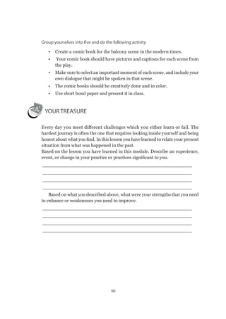 90
Group yourselves into five and do the following activity
•	 Create a comic book for the balcony scene in the modern times.
•	 Your comic book should have pictures and captions for each scene from
the play.
•	 Make sure to select an important moment of each scene, and include your
own dialogue that might be spoken in that scene.
•	 The comic books should be creatively done and in color.
•	 Use short bond paper and present it in class.
YOUR TREASURE
Every day you meet different challenges which you either learn or fail. The
hardest journey is often the one that requires looking inside yourself and being
honest about what you find. In this lesson you have learned to relate your present
situation from what was happened in the past.
Based on the lesson you have learned in this module. Describe an experience,
event, or change in your practice or practices significant to you.
____________________________________________________
____________________________________________________
____________________________________________________
____________________________________________________
Based on what you described above, what were your strengths that you need
to enhance or weaknesses you need to improve.
____________________________________________________
____________________________________________________
____________________________________________________
____________________________________________________
 