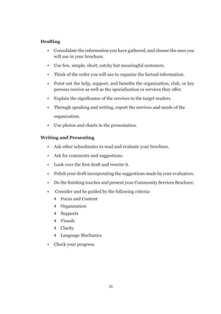 26
Drafting
•	 Consolidate the information you have gathered, and choose the ones you
will use in your brochure.
•	 Use few, simple, short, catchy but meaningful sentences.
•	 Think of the order you will use to organize the factual information.
•	 Point out the help, support, and benefits the organization, club, or key
persons receive as well as the specialization or services they offer.
•	 Explain the significance of the services to the target readers.
•	 Through speaking and writing, report the services and needs of the
	organization.
•	 Use photos and charts in the presentation.
Writing and Presenting
•	 Ask other schoolmates to read and evaluate your brochure.
•	 Ask for comments and suggestions.
•	 Look over the first draft and rewrite it.
•	 Polish your draft incorporating the suggestions made by your evaluators.
•	 Do the finishing touches and present your Community Services Brochure.
•	 Consider and be guided by the following criteria:
4	 Focus and Content
4 	 Organization
4	Supports
4	Visuals
4	Clarity
4	 Language Mechanics
•	 Check your progress.
 