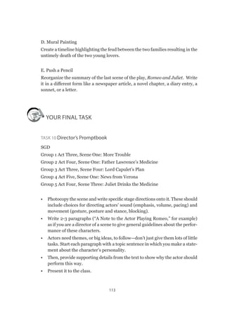 113
D. Mural Painting
Create a timeline highlighting the feud between the two families resulting in the
untimely death of the two young lovers.
E. Push a Pencil
Reorganize the summary of the last scene of the play, Romeo and Juliet. Write
it in a different form like a newspaper article, a novel chapter, a diary entry, a
sonnet, or a letter.
YOUR FINAL TASK
Task 10 Director’s Promptbook
SGD
Group 1 Act Three, Scene One: More Trouble
Group 2 Act Four, Scene One: Father Lawrence’s Medicine
Group 3 Act Three, Scene Four: Lord Capulet’s Plan
Group 4 Act Five, Scene One: News from Verona
Group 5 Act Four, Scene Three: Juliet Drinks the Medicine
•	 Photocopy the scene and write specific stage directions onto it. These should
include choices for directing actors’ sound (emphasis, volume, pacing) and
movement (gesture, posture and stance, blocking).
•	 Write 2-3 paragraphs (“A Note to the Actor Playing Romeo,” for example)
as if you are a director of a scene to give general guidelines about the perfor-
mance of these characters.
•	 Actors need themes, or big ideas, to follow—don’t just give them lots of little
tasks. Start each paragraph with a topic sentence in which you make a state-
ment about the character’s personality.
•	 Then, provide supporting details from the text to show why the actor should
perform this way.
•	 Present it to the class.
 