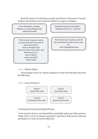 161
Read the quotes of well-known people and discover the power of words.
Analyze each and give your reactions whether you agree or disagree.
Farewell my parents, my brothers –
fragments of my soul – Jose Rizal
In war, Revolution, in defeat,
Defiance, in victory, Magnanimity
–Winston Churchill
“Ask not what your country can do for
you, ask what you can do for your coun-
try.”
- John Fitzgerald Kennedy
“ Is life so dear, or peace so sweet,
as to be purchased at the price of
chains and slavery?
Forbit it, Almighty God!
I know not what course others may
take but as for me.
give me liberty
or give me death!”
- Patrich Henry
Task 8  Writer’s Block
Form groups of four (4). Choose dialogues or lines from the play that show
the following:
Task 9  Learn Grammar
Group 1
mood of the writer
Group 2
tone of the writer
Group 3
techniques of the writer
Group 4
purpose of the writer
Forming and Using Participial Phrases
In the previous lesson, you learned that a participle makes use of the past par-
ticiple of the verb or its present participle (-ing form). Both present and past
participles of a verb are used as adjectives.
 