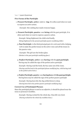 180
Task 7  Learn Grammar
Five Forms of the Participle
1. Present Participle, active- ends in –ing. It is often used when we want
to express an active action. 
	 Example: Her smiling face made everyone happy.
2. Present Participle, passive- uses being with the past participle. It is
often used when we want to express a passive action.
Example: Being frightened, the child cried loudly.
(Being frightened is the present participle passive modifying child.)
3. Past Participle- is the third principal part of a verb used with a helping
verb to make the perfect tenses in the active voice and all the tenses in
the passive voice
Example: The girl saw the broken glass.
(Broken is the past participle modifying glass.)
4. Perfect Participle, active- uses having with the past participle.
Having may be called the sign of the perfect active participle
Example: Having read the book, the boy came out of the room.
(Having read the book is the participial phrase modifying boy, with having read
as the perfect active form.)
5.Perfect Participle, passive-useshaving beenwiththe past participle.
Having been may be called the sign of the perfect passive participle
Example: Having been fed, the dog settled down to sleep.
(Having been fed is the perfect passive participle modifying dog.)
Correct Use of Participial Phrases
Since the participial phrase is used as an adjective, it should be placed near the
noun or pronoun it modifies.
Example: Having worked for the whole day, Gina felt very tired.
(Having worked for the whole day modifies Gina.)
 
