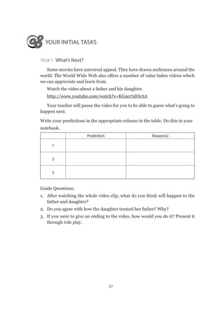 27
YOUR INITIAL TASKS
Task 1  What’s Next?
Some movies have universal appeal. They have drawn audiences around the
world. The World Wide Web also offers a number of value laden videos which
we can appreciate and learn from.
Watch the video about a father and his daughter.
http://www.youtube.com/watch?v=KGn07xlOrAA
Your teacher will pause the video for you to be able to guess what’s going to
happen next.
Write your predictions in the appropriate column in the table. Do this in your
notebook.
Prediction Reason(s)
1
2
3
Guide Questions:
1.	 After watching the whole video clip, what do you think will happen to the
father and daughter?
2.	 Do you agree with how the daughter treated her father? Why?
3.	 If you were to give an ending to the video, how would you do it? Present it
through role play.
 