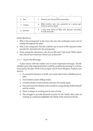 69
6.	 Ben f.	 Charley’s son, friend of the Loman boys
7.	 Charley
g.	 Willy’s brother who was successful at a young age
when he went to Alaska
8.	 Bernard
h.	 a long time friend of Willy who became successful
in work and in life
Guide Questions:
1.	 Who is the protagonist in the story, the one who undergoes some sort of
change throughout the play?
2.	 Who is the antagonist? He/she could be one or more of the characters that
provide the obstacle(s) for the protagonist.
3.	 From among the characters, who do you like best? Like least? What values
does she/he have that have drawn you to him/her?
Task 7 Guess the Message
A play shares with the readers one or more important messages. Decide
whether each of the statements below could be considered a message or a theme
conveyed by the play. Write A if you Agree and D if you Disagree. Explain your
answer.
1.	 To succeed in business or in life, one needs only to have a likable person-
ality.
2.	 Two brothers create sibling rivalry.
3.	 A broken family creates tension and tears the family apart.
4.	 One man losses his identity and is unable to accept change within himself
and his society.
5.	 There is danger in working just to earn a living.
6.	 The struggle to provide financial security for the family after years of
working as a salesman highlights the falsity of the American dream.
 