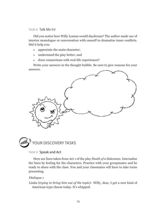 70
Task 8  Talk Me In!
Did you notice how Willy Loman would daydream? The author made use of
interior monologue or conversation with oneself to dramatize inner conflicts.
Did it help you:
•	 appreciate the main character;
•	 understand the play better; and
•	 draw connections with real-life experiences?
Write your answers in the thought bubble. Be sure to give reasons for your
answers.
YOUR DISCOVERY TASKS
Task 9  Speak and Act
Here are lines taken from Act 1 of the play Death of a Salesman. Internalize
the lines by feeling for the characters. Practice with your groupmates and be
ready to share with the class. You and your classmates will have to take turns
presenting.
Dialogue 1
Linda (trying to bring him out of the topic):  Willy, dear, I got a new kind of
American-type cheese today. It’s whipped.
 