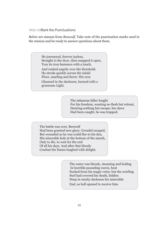 43
Task 10 Mark the Punctuations
Below are stanzas from Beowulf. Take note of the punctuation marks used in
the stanzas and be ready to answer questions about them.
He journeyed, forever joyless, 
Straight to the door, then snapped it open, 
Tore its iron fasteners with a touch, 
And rushed angrily over the threshold. 
He strode quickly across the inlaid 
Floor, snarling and fierce: His eyes 
Gleamed in the darkness, burned with a
gruesome Light.
The infamous killer fought 
For his freedom, wanting no flesh but retreat, 
 Desiring nothing but escape; his claws 
 Had been caught, he was trapped.
The battle was over, Beowulf 
Had been granted new glory: Grendel escaped, 
But wounded as he was could flee to his den, 
His miserable hole at the bottom of the marsh, 
Only to die, to wait for the end 
Of all his days. And after that bloody 
Combat the Danes laughed with delight. 
The water was bloody, steaming and boiling 
 In horrible pounding waves, heat 
Sucked from his magic veins; but the swirling 
Surf had covered his death, hidden 
Deep in murky darkness his miserable 
End, as hell opened to receive him. 
 