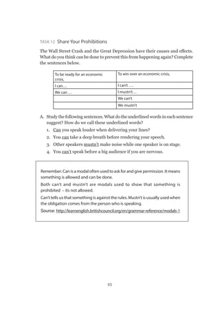 93
Task 12  Share Your Prohibitions
The Wall Street Crash and the Great Depression have their causes and effects.
What do you think can be done to prevent this from happening again? Complete
the sentences below.
To be ready for an economic
crisis,
To win over an economic crisis,
I can… I can’t ….
We can … I mustn’t…
We can’t
We mustn’t
A.	 Study the following sentences. What do the underlined words in each sentence
suggest? How do we call these underlined words?
1.	 Can you speak louder when delivering your lines?
2.	You can take a deep breath before rendering your speech.
3.	 Other speakers mustn’t make noise while one speaker is on stage.
4.	You can’t speak before a big audience if you are nervous.
Remember: Can is a modal often used to ask for and give permission. It means
something is allowed and can be done.
Both can’t and mustn’t are modals used to show that something is
prohibited – its not allowed.
Can’t tells us that something is against the rules. Mustn’t is usually used when
the obligation comes from the person who is speaking.
Source: http://learnenglish.britishcouncil.org/en/grammar-reference/modals-1
 