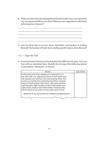 45
B.	 While you take turns introducing Beowulf and Grendel, have you noticed the
way you speak and deliver your lines? What are your suggestions in effectively
delivering lines of poems?
__________________________________________________
__________________________________________________
__________________________________________________
__________________________________________________
__________________________________________________
C.	 Let’s try those tips on correct stress, intonation and juncture in reading
Beowulf. Each group will take turns reading specific stanzas from Beowulf.
Task 12 Type the Text
A.	 In your previous lessons you learned about the different text types. Let’s see
how well you remember them. Identify the text type of the following articles
as journalistic, informative, or literary.
Articles Type of Text
So the thing to do when working on a motorcycle, as in
any other task, is to cultivate the peace of mind which does
not separate one’s self from one’s surroundings. When that
is done successfully then everything else follows naturally.
Peace of mind produces right values, right values produce
right thoughts. Right thoughts produce right actions and
right actions produce work which will be a material reflec-
tion for others to see of the serenity at the center of it all.  
 —Robert M. Pirsig, Zen and the Art of Motorcycle Maintenance
 