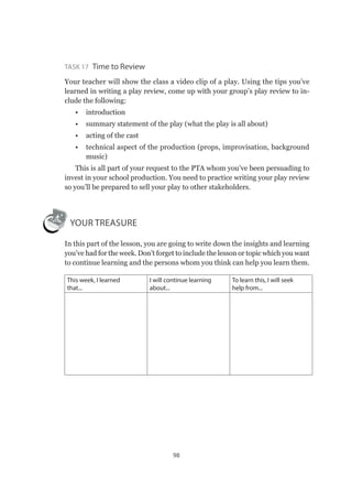 98
Task 17 Time to Review
Your teacher will show the class a video clip of a play. Using the tips you’ve
learned in writing a play review, come up with your group’s play review to in-
clude the following:
•	 introduction
•	 summary statement of the play (what the play is all about)
•	 acting of the cast
•	 technical aspect of the production (props, improvisation, background
music)
This is all part of your request to the PTA whom you’ve been persuading to
invest in your school production. You need to practice writing your play review
so you’ll be prepared to sell your play to other stakeholders.
Your TREASURE
In this part of the lesson, you are going to write down the insights and learning
you’ve had for the week. Don’t forget to include the lesson or topic which you want
to continue learning and the persons whom you think can help you learn them.
This week, I learned
that...
I will continue learning
about...
To learn this, I will seek
help from...
 