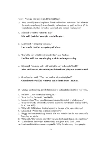 110
Task 9 Practice the Direct and Indirect Ways
A. 	 Read carefully the examples of direct and indirect sentences. Tell whether
the sentences changed from direct to indirect are correctly written. Write
your choice, whether correct or incorrect, and explain your answer.
1.	 Mia said “I want to watch the play.”
Mia said that she wants to watch the play.
2.	 Lanze said, “I am going with you.”
Lanze said that he was going with her.
3.	 “I saw the play with Brayden yesterday,” said Pauline.
Pauline said she saw the play with Brayden yesterday.
4.	 Niko said, “Mommy and I will watch the play in Resorts World.”
Niko said he and his Mommy will watch the play in Resorts World
5.	 Grandmother said, “What can you learn from that play?”
Grandmother asked what we could learn from the play.
B. 	 Change the following direct statements to indirect statements or vice versa.
1.	 Biff said, “I just can’t focus on my job.”
2.	 “I am tired to the death,” said Willy.
3.	 Linda replied, “Your mind is overactive, and the mind is what counts.”
4.	 “I have worked a lifetime to pay off a house but now there’s nobody to live,
in it,” said Willy.
5.	 Willy told Biff that not finding himself at the age of 34 was a disgrace!
6.	 Linda said, “People had to move somewhere.”
7.	 Happy said that everybody around him was so false that he was constantly
lowering his ideals.
8.	 Willy said, “The world is an oyster, but you don’t crack it open on a mattress.”
9.	 “A small man can be just as exhausted as a great man,” said Linda.
10.	Linda said that there was more good in Willy than in many other people.
 