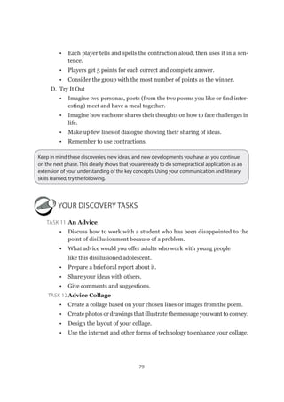 79
•	 Each player tells and spells the contraction aloud, then uses it in a sen-
tence.
•	 Players get 5 points for each correct and complete answer.
•	 Consider the group with the most number of points as the winner.
D.  Try It Out
•	 Imagine two personas, poets (from the two poems you like or find inter-
esting) meet and have a meal together.
•	 Imagine how each one shares their thoughts on how to face challenges in
life.
•	 Make up few lines of dialogue showing their sharing of ideas.
•	 Remember to use contractions.
Keep in mind these discoveries, new ideas, and new developments you have as you continue
on the next phase. This clearly shows that you are ready to do some practical application as an
extension of your understanding of the key concepts. Using your communication and literary
skills learned, try the following.
YOUR DISCOVERY TASKS
Task 11	An Advice
•	 Discuss how to work with a student who has been disappointed to the
point of disillusionment because of a problem.
•	 What advice would you offer adults who work with young people
	 like this disillusioned adolescent.
•	 Prepare a brief oral report about it.
•	 Share your ideas with others.
•	 Give comments and suggestions.
Task 12	Advice Collage
•	 Create a collage based on your chosen lines or images from the poem.
•	 Create photos or drawings that illustrate the message you want to convey.
•	 Design the layout of your collage.
•	 Use the internet and other forms of technology to enhance your collage.
 