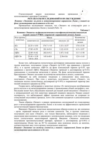 4
Статистический анализ полученных данных проводился с
использованием t-критерия Стьюдента.
РЕЗУЛЬТАТЫ ИССЛЕДОВАНИЙ И ИХ ОБСУЖДЕНИЕ
Влияние «Эноанта» на рост и метастазирование карциномы Льюис у мышей на
фоне химиотерапии цисплатином и без нее.
Проведенные исследования показали, что «Эноант» не стимулирует рост и
метастазирование карциномы Льюис у мышей (Табл. 1).
Таблица 1
Влияние «Эноанта» на физиологические и патофизиологические показатели
мышей линии С57В1/6 с перевитой карциномой легкого Льюис
Код группы
животных
Масса Количество
метастазов в
легких
Код группы
животных животного (г) селезенки (мг) опухоли (г)
Количество
метастазов в
легких
«к» 22.25 ± 0.50 174.7 ± 9.5 3.33 ± 0.37 17.8 ±3.50
«э» 17.85 ±0.59 201.4±9.0 1.12 ±0.10 6.9 ± 0.97
«ЦП» 22.85 ±0.42 202.0±9.2 3.47 ± 0.42 11.5 ±1.90
«ЦП+Э» 20.40 ± 0.38
145 6 ± 8 8
145.6±8.8 2.56±0.16 12.8 ±1.65
Более того, наблюдается статистически достоверное уменьшение массы пухоли в
группе животных, получавших только «Эноант» (р<0.001, при сравнении с группой
«К»), и в группе животных «ЦП±Э» на фоне комплексной терапии (р<0.05, при
сравнении с группой «ЦП»). Введение «Эноанта» приводит к достоверному (р<0.01)
уменьшению и количества метастазов в легких. На фоне цитостатической терапии
Цисплатином «Эноант» не влияет на количество метастазов в легких у животных.
Обращает на себя внимание тенденция к уменьшению веса животных,
получавших «Эноант». При этом у животных, получавших только «Эноант», эта
тенденция носила статистически достоверный (р<0.001) и выраженный характер (вес
мышей снижался в среднем на 22%).
Скорее всего, наблюдаемое у животных группы «Э» значительное ингибирование
роста опухоли и ее метастазирования связано с проявлениями общей дистрофии у них.
Последнее может быть обусловлено высокой для мышей дозой вводимого «Эноанта» и
с нетрадиционной для этих животных природой пищевого продукта. Однако следует
подчеркнуть, что наблюдаемый эффект снижения веса животных не сопряжен со
стимуляцией опухолевого процесса, хотя и без сомнения нуждается в дополнительных
исследованиях.
Таким образом «Эноант» в рамках проведенных исследований не стимулировал
рост и метастазирования карциномы Льюис и не влиял на эффективность проводимой
цитостатической терапии Цисплатином.
Введение «Эноанта» животным неоднозначным образом влияло на вес селезенки
- орган, играющий важную роль в системе гемопоэза. Так, в группах животных,
получавших или один «Эноант», или только Цисплатин, наблюдается тенденция к
увеличению веса селезенки по сравнению с контрольными мышами, хотя эта тенденция
носит статистически недостоверный характер. Введение «Эноанта» животным,
получавшим противоопухолевый препарат, приводит к достоверному (р<0.001) и
значительному (более чем на 28 %) снижению веса селезенки вплоть до величин,
соответствующих весу этого органа у контрольных животных.
Влияние «Эноанта» на систему гемопоэза у мышей с карциномой Льюис на фоне
химиотерапии цисплатином и без нее.
 