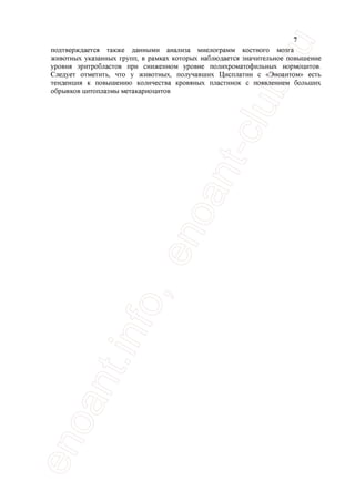 7
подтверждается также данными анализа миелограмм костного мозга
животных указанных групп, в рамках которых наблюдается значительное повышение
уровня эритробластов при сниженном уровне полихроматофильных нормоцитов.
Следует отметить, что у животных, получавших Цисплатин с «Эноантом» есть
тенденция к повышению количества кровяных пластинок с появлением больших
обрывков цитоплазмы метакариоцитов
 