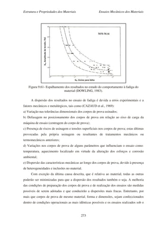 Estrutura e Propriedades dos Materiais Ensaios Mecânicos dos Materiais
273
Figura 9.61- Espalhamento dos resultados no estudo do comportamento à fadiga do
material (DOWLING, 1983).
A dispersão dos resultados no ensaio de fadiga é devida a erros experimentais e a
fatores mecânicos e metalúrgicos, tais como (CAZAUD et al., 1969):
a) Variação nas tolerâncias dimensionais dos corpos de prova usinados;
b) Defasagem no posicionamento dos corpos de prova em relação ao eixo de carga da
máquina de ensaio (centragem do corpo de prova);
c) Presença de riscos de usinagem e tensões superficiais nos corpos de prova; estas últimas
provocadas pela própria usinagem ou resultantes de tratamentos mecânicos ou
termomecânicos anteriores;
d) Variações nos corpos de prova de alguns parâmetros que influenciam o ensaio como:
temperatura, aquecimento localizado em virtude da alteração dos esforços e corrosão
ambiental;
e) Dispersão das características mecânicas ao longo dos corpos de prova, devido à presença
de heterogeneidades e inclusões no material.
Com exceção da última causa descrita, que é relativa ao material, todas as outras
poderão ser minimizadas para que a dispersão dos resultados também o seja. A melhoria
das condições de preparação dos corpos de prova e de realização dos ensaios são medidas
possíveis de serem adotadas e que conduzirão a dispersões mais fracas. Entretanto, por
mais que corpos de prova de mesmo material, forma e dimensões, sejam confeccionados
dentro de condições operacionais as mais idênticas possíveis e os ensaios realizados sob o
 