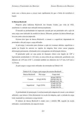 Estrutura e Propriedades dos Materiais Ensaios Mecânicos dos Materiais
213
neste caso a dureza passa a crescer mais rapidamente do que o limite de resistência à
tração.
b) Dureza Rockwell
Proposto pelas indústrias Rockwell, dos Estados Unidos, por volta de 1922,
atualmente é o método mais utilizado internacionalmente.
É baseado na profundidade de impressão causada por um penetrador sob a ação de
uma carga como indicador da medida de dureza. Diferente, portanto da dureza Brinell que
leva em conta a área de impressão.
Existem dois tipos de dureza Rockwell, a comum e a superficial, dependendo do
penetrador e das pré-carga e carga utilizadas.
A pré-carga é necessária para eliminar a ação de eventuais defeitos superficiais e
ajudar na fixação da amostra no suporte da máquina, bem como causar pequena
deformação permanente, eliminando erros conseqüentes da deformação elástica.
O penetrador pode ser uma ponta de diamante cônico com ângulo de 120º e
ligeiramente arredondada (r = 0,2 mm), ou uma esfera de aço endurecido, geralmente com
diâmetro de 1,59 mm (1/16´´), existindo também nos diâmetros de 3,17 mm, 6,35 mm e
12,70 mm.
As pré-cargas e cargas totais utilizadas são mostradas na Tabela 9.10.
Tabela 9.10 – Cargas e pré-cargas dos ensaios Rockwell
Dureza Rockwell Pré-carga Carga total
Comum 10 kgf (98 N)
60 kgf (589 N)
100 kgf (981 N)
150 kgf (1471 N)
Superficial 3 kgf (29 N)
15 kgf (147 N)
30 kgf (294 N)
45 kgf (441 N)
A profundidade de penetração é correlacionada pela máquina de ensaio a um número
arbitrário, cuja leitura é feita diretamente na escala da máquina, após a retirada da carga
total, mantendo-se, entretanto a carga inicial;
O número de dureza Rockwell é citado com o símbolo HR, seguido da escala
utilizada e, ocasionalmente, da carga de ensaio.
 